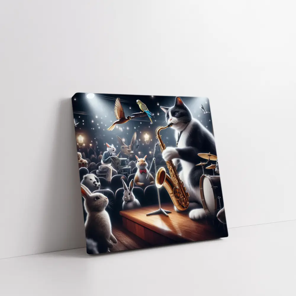 Cat Playing Saxophone On Concert Stage – Wall Art