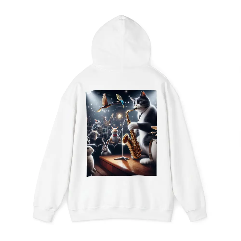 Cat Playing Saxophone On Concert Stage – Hoodies