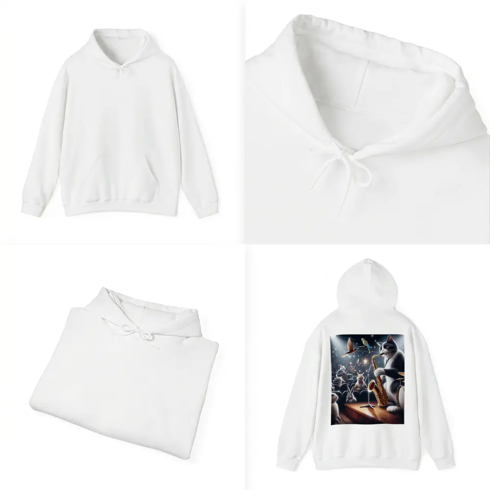 Cat Playing Saxophone On Concert Stage – Hoodies