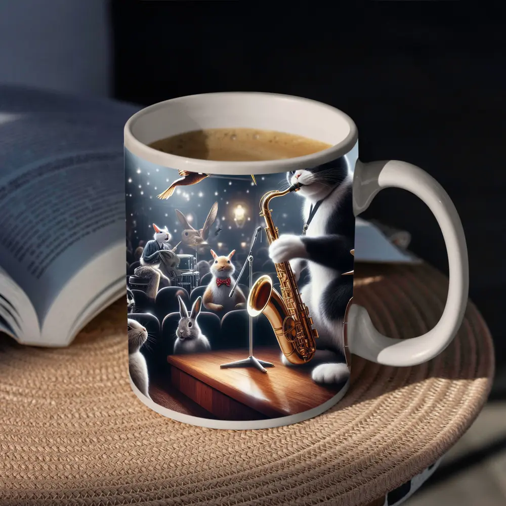 Cat Playing Saxophone On Concert Stage – Mugs