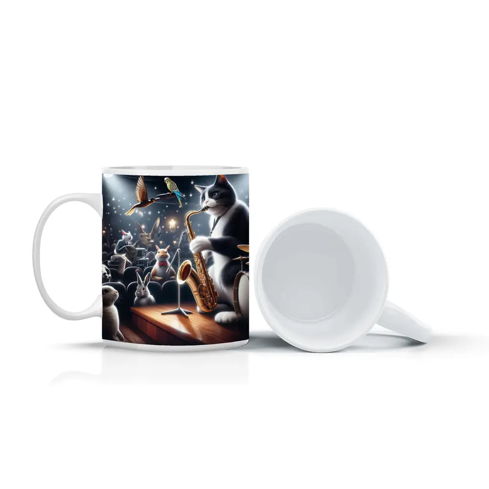 Cat Playing Saxophone On Concert Stage – Mugs