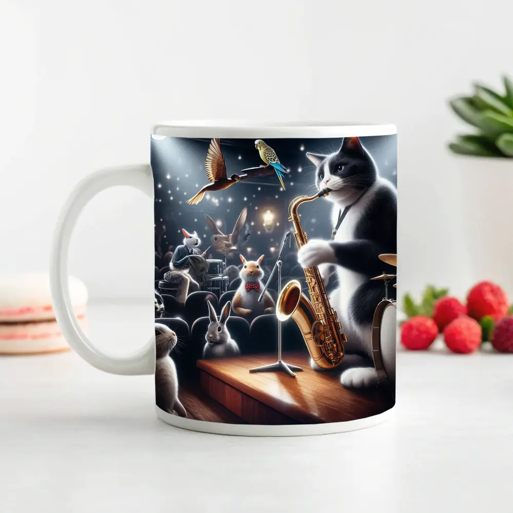 Cat Playing Saxophone On Concert Stage – Mugs