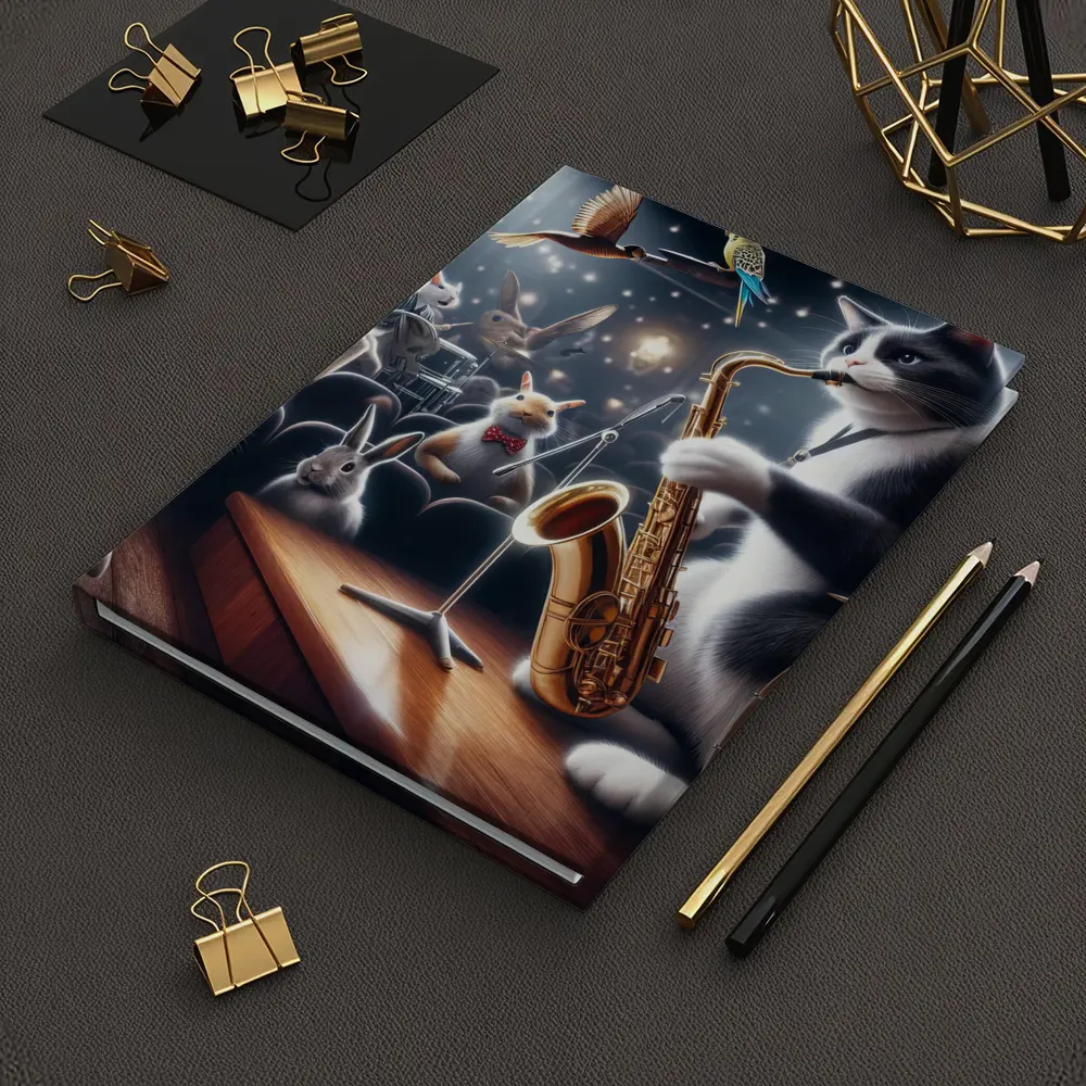 Cat Playing Saxophone On Concert Stage – Notebooks