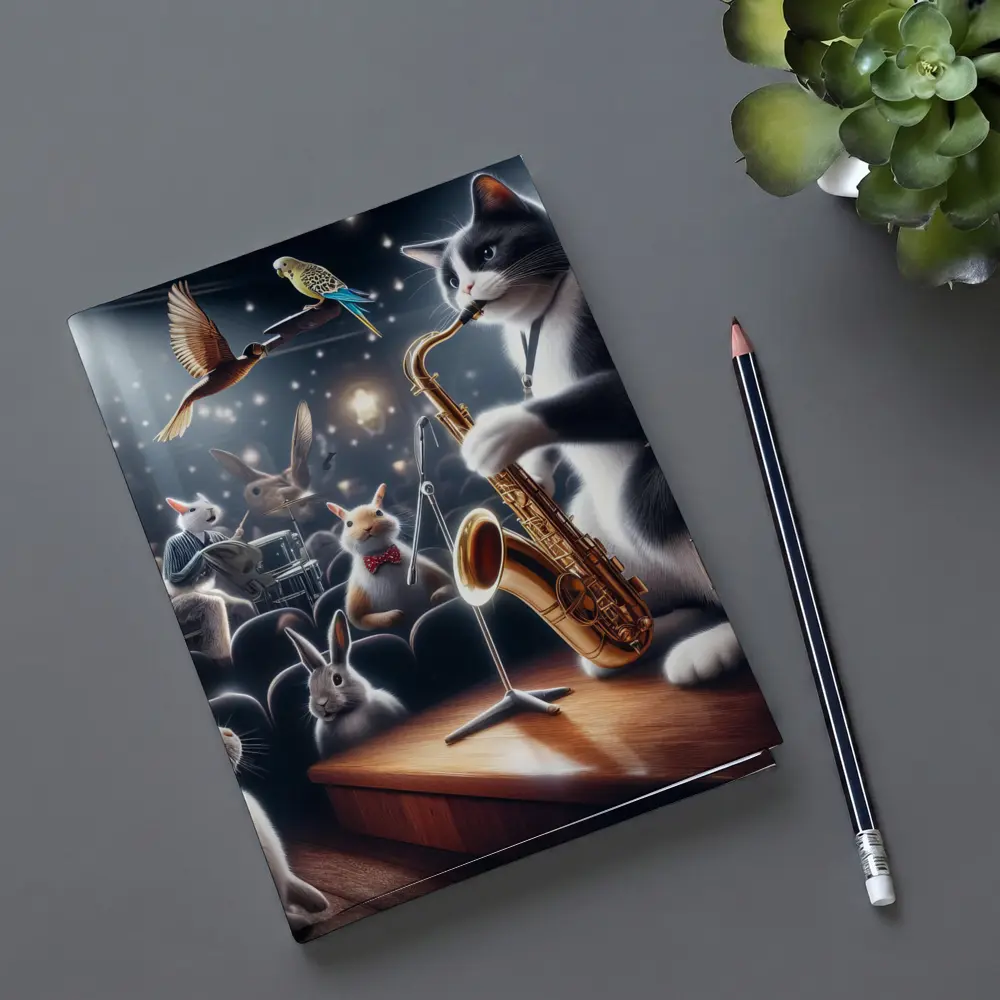 Cat Playing Saxophone On Concert Stage – Notebooks