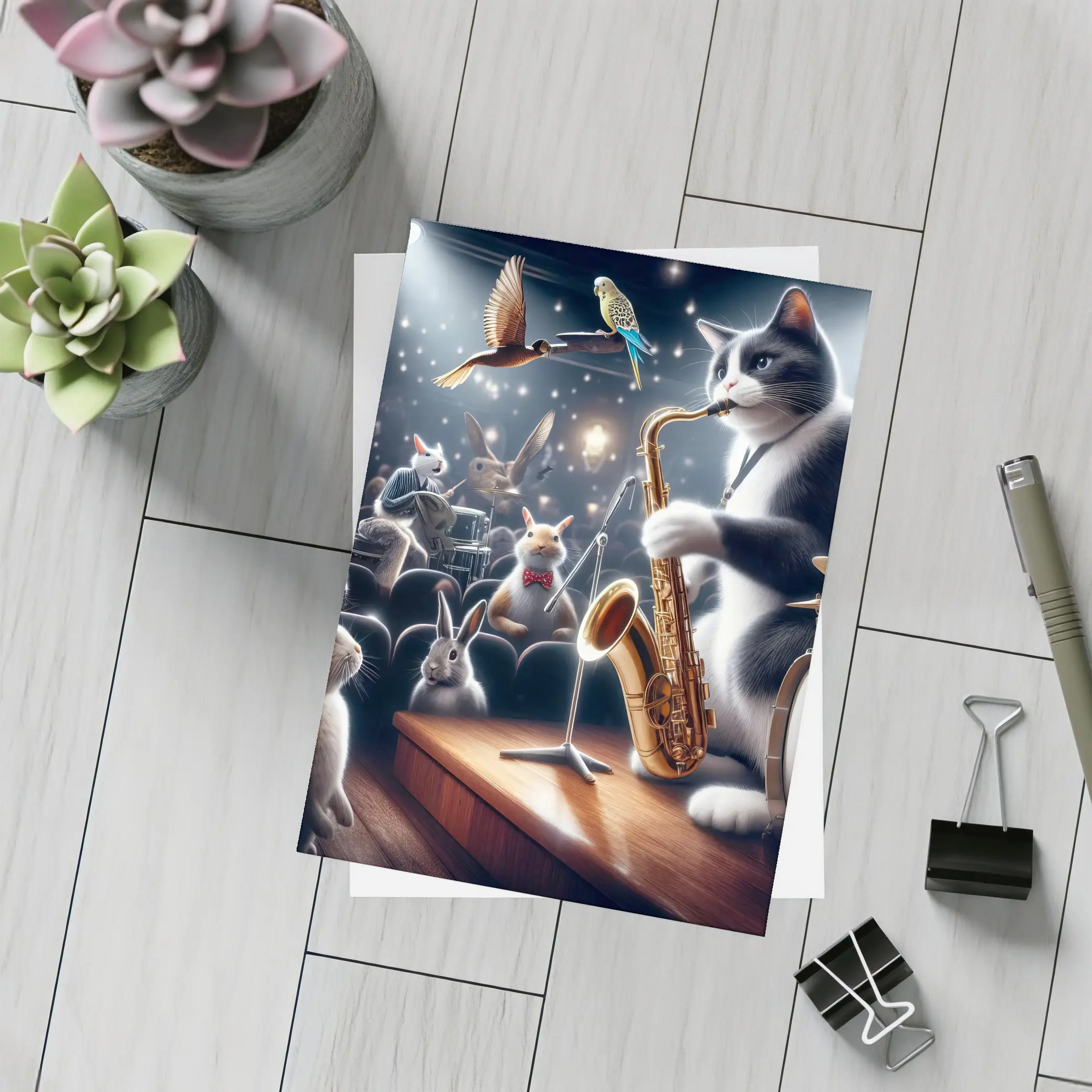 Cat Playing Saxophone On Concert Stage – Postcards