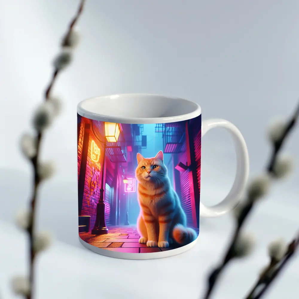Orange Tabby Cat Neon City Alley – Mugs