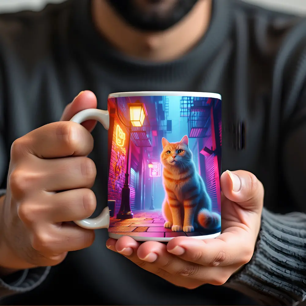 Orange Tabby Cat Neon City Alley – Mugs