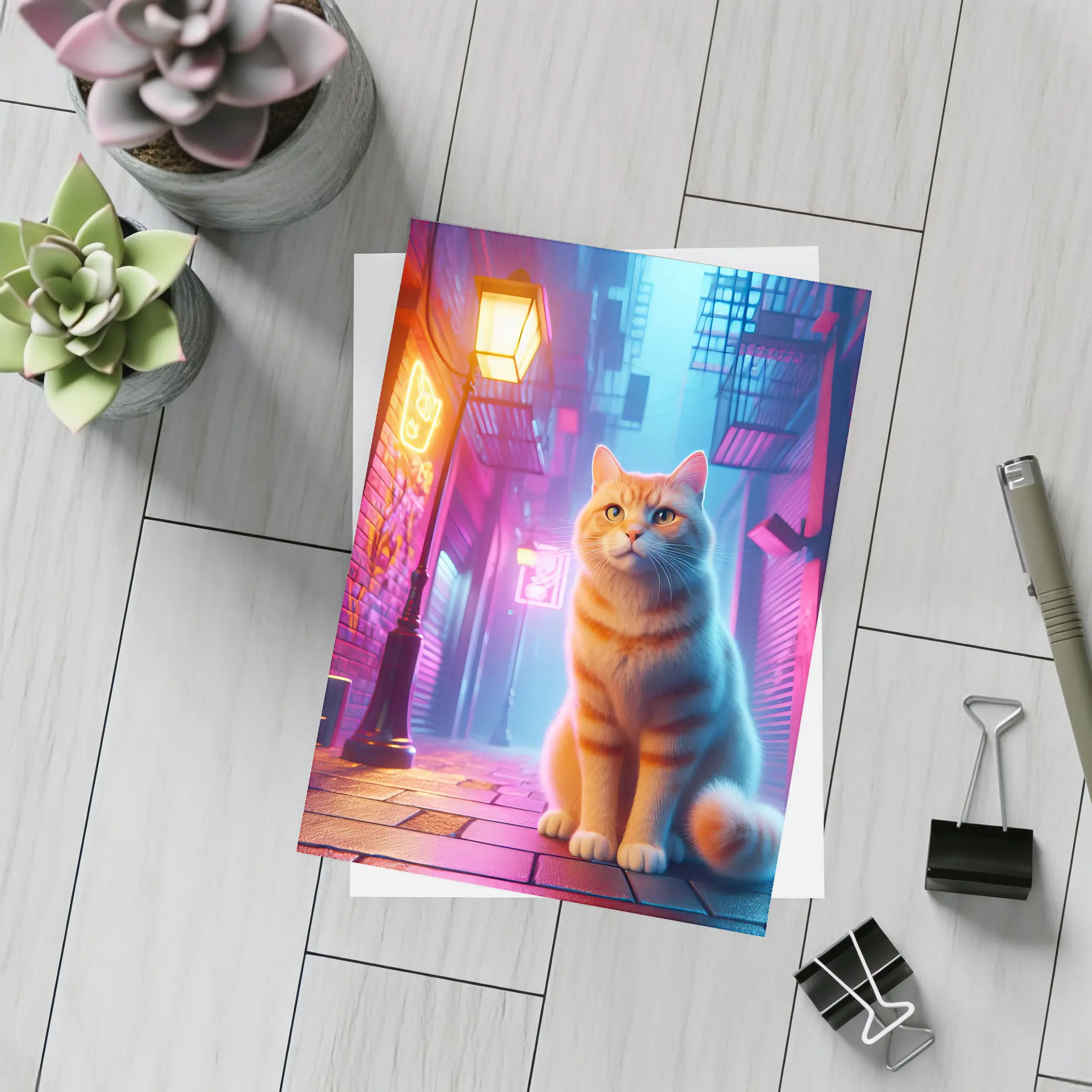 Orange Tabby Cat Neon City Alley – Postcards