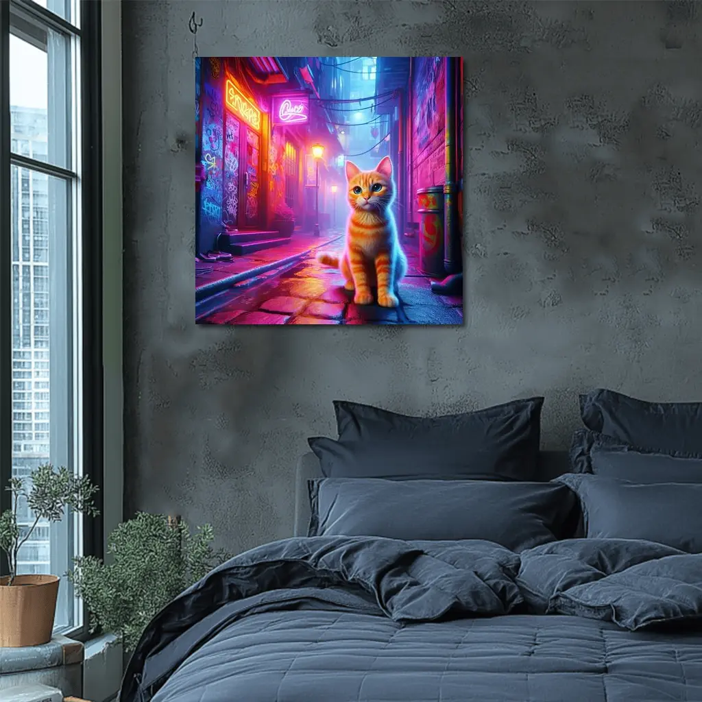 Orange Tabby Cat Neon Alley Cyberpunk – Wall Art