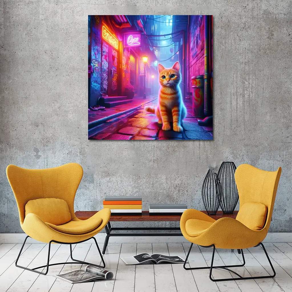 Orange Tabby Cat Neon Alley Cyberpunk – Wall Art