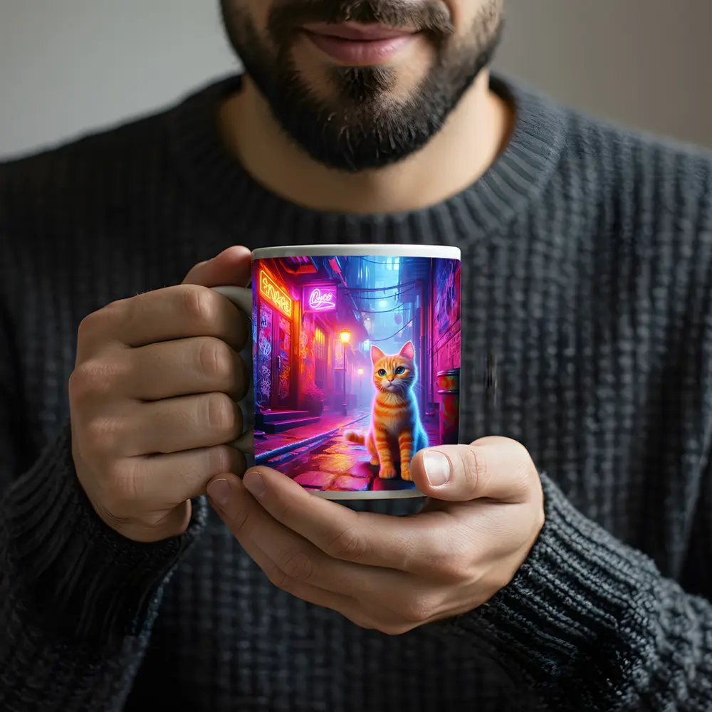 Orange Tabby Cat Neon Alley Cyberpunk – Mugs