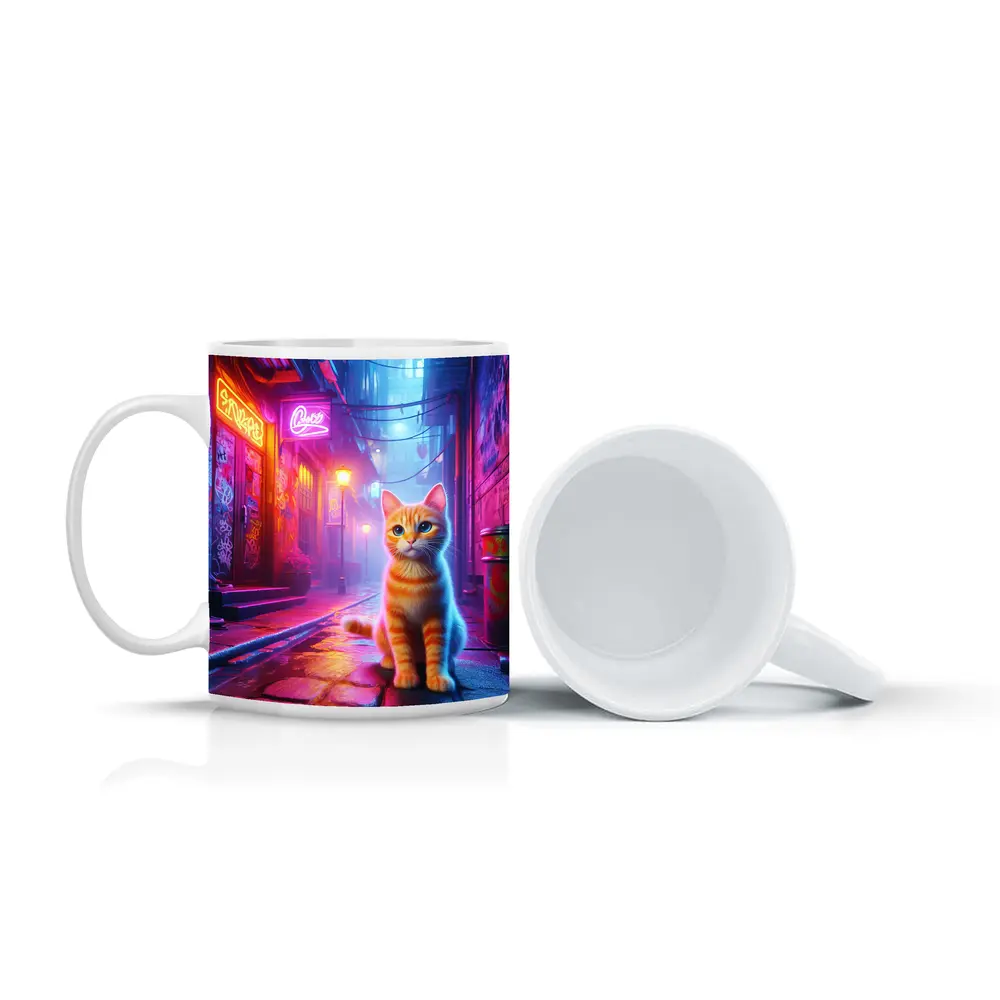 Orange Tabby Cat Neon Alley Cyberpunk – Mugs