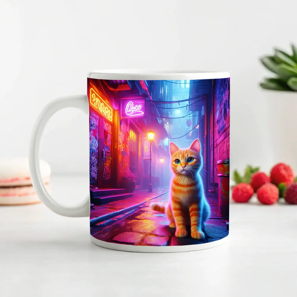 Orange Tabby Cat Neon Alley Cyberpunk – Mugs