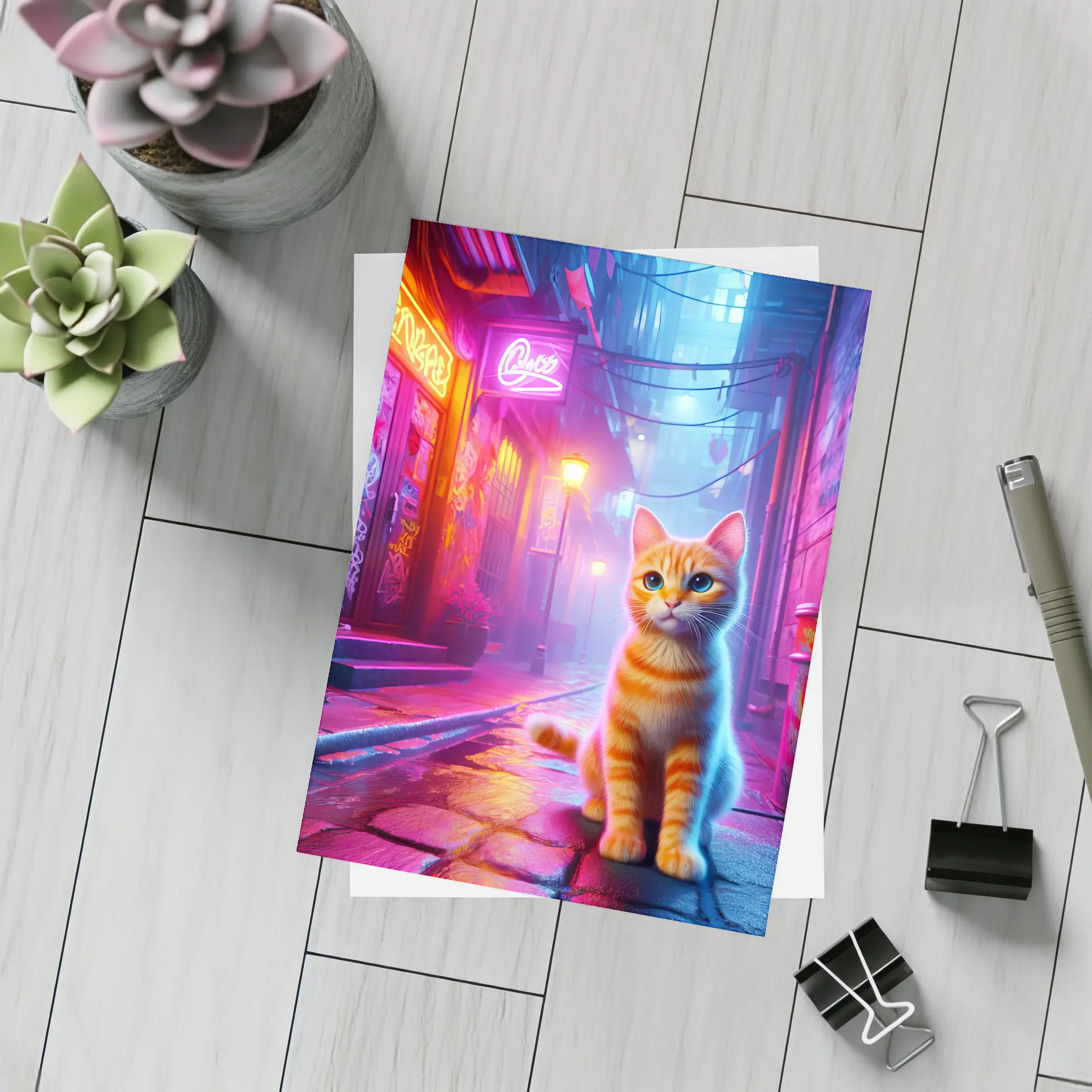 Orange Tabby Cat Neon Alley Cyberpunk – Postcards
