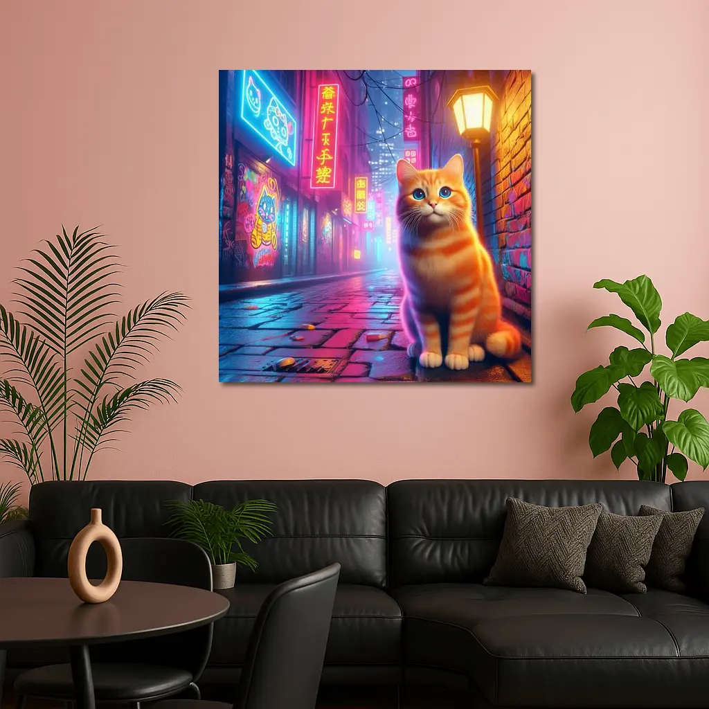 Orange Tabby Cat Neon City Night Street – Wall Art