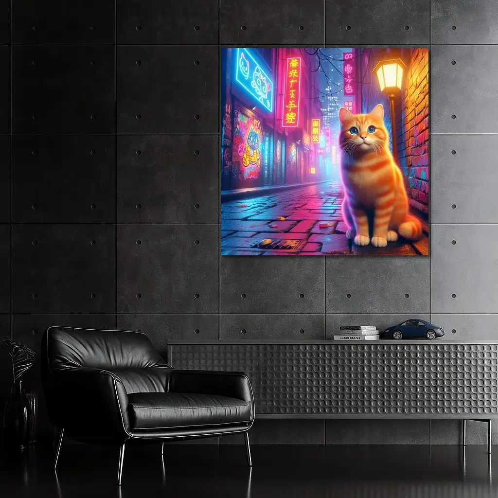 Orange Tabby Cat Neon City Night Street – Wall Art