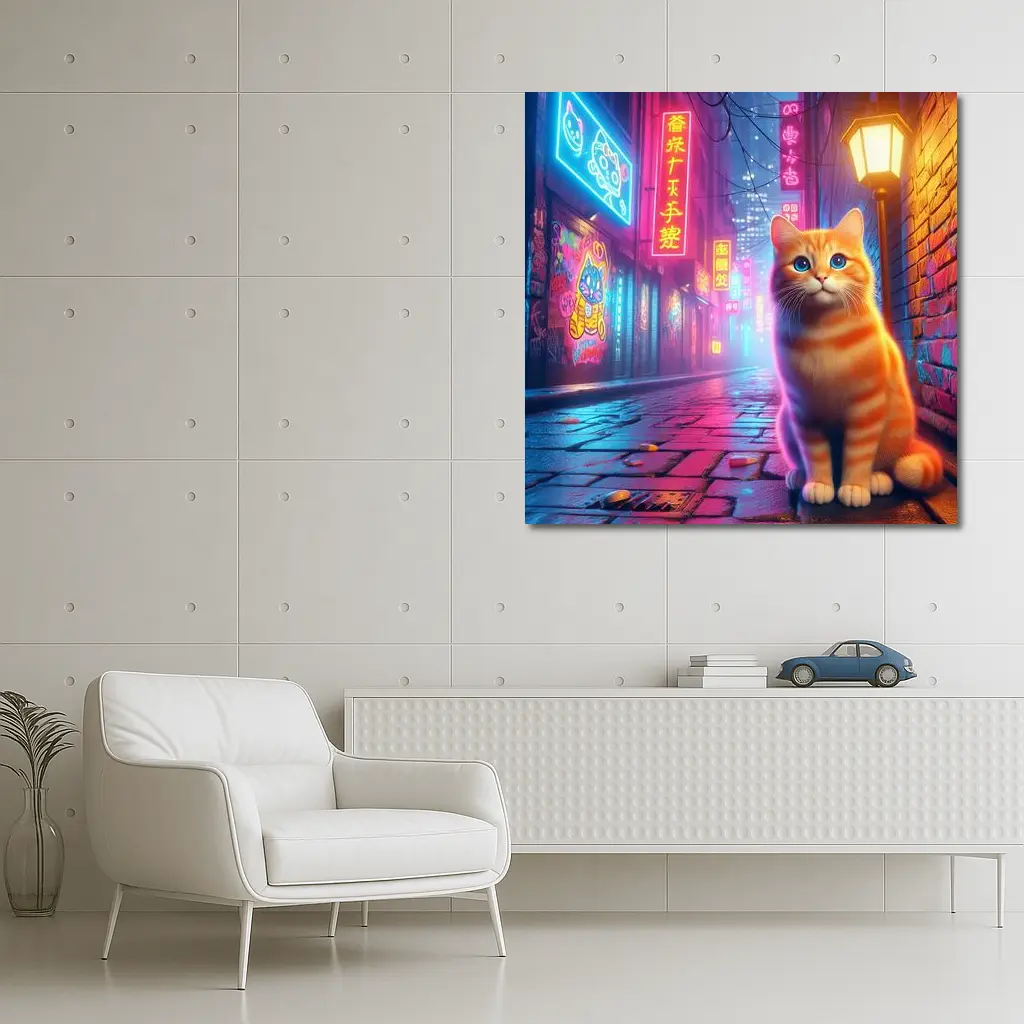 Orange Tabby Cat Neon City Night Street – Wall Art