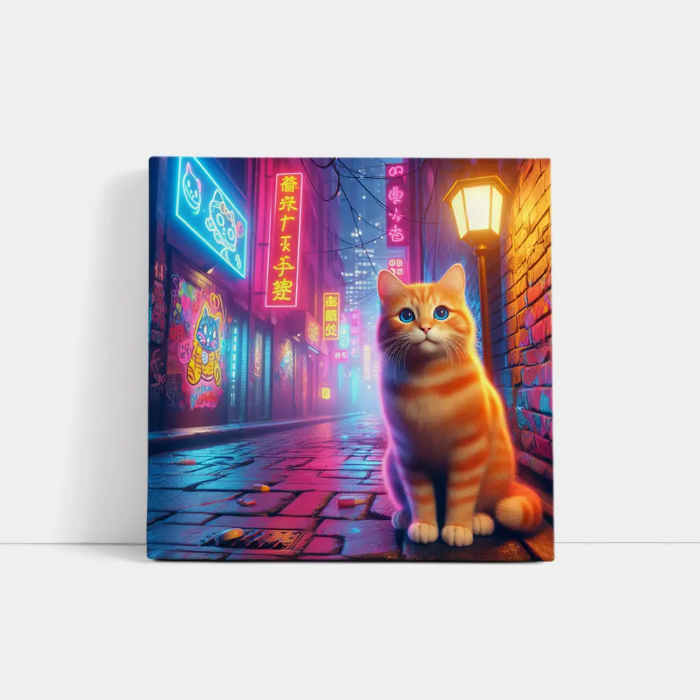 Orange Tabby Cat Neon City Night Street – Wall Art