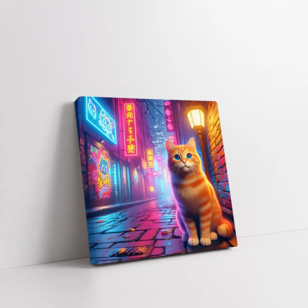 Orange Tabby Cat Neon City Night Street – Wall Art