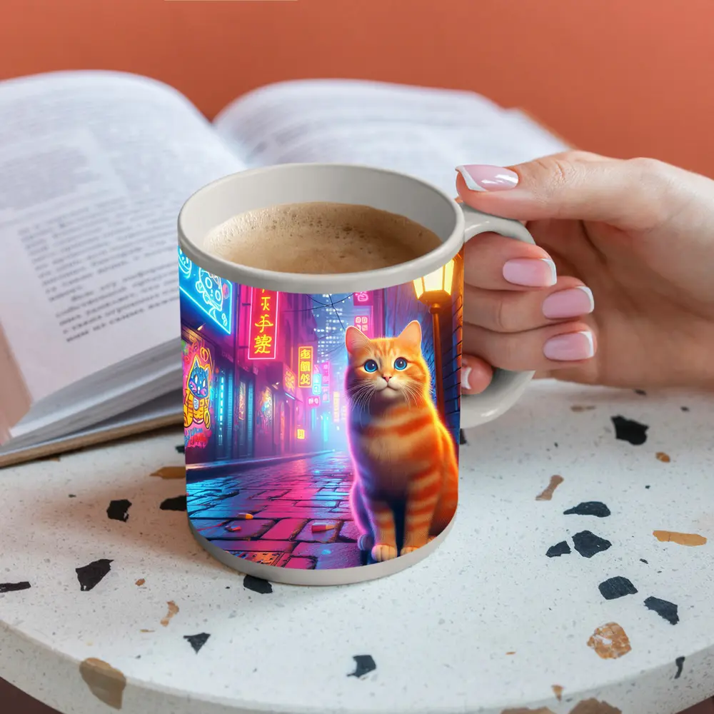 Orange Tabby Cat Neon City Night Street – Mugs