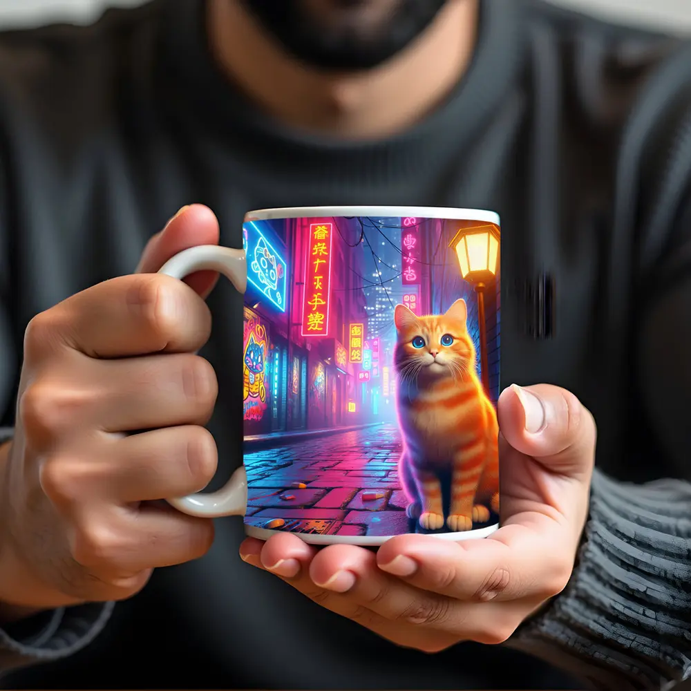 Orange Tabby Cat Neon City Night Street – Mugs