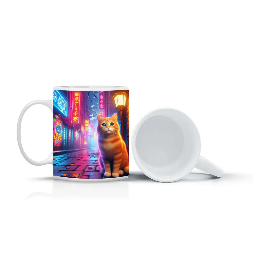 Orange Tabby Cat Neon City Night Street – Mugs