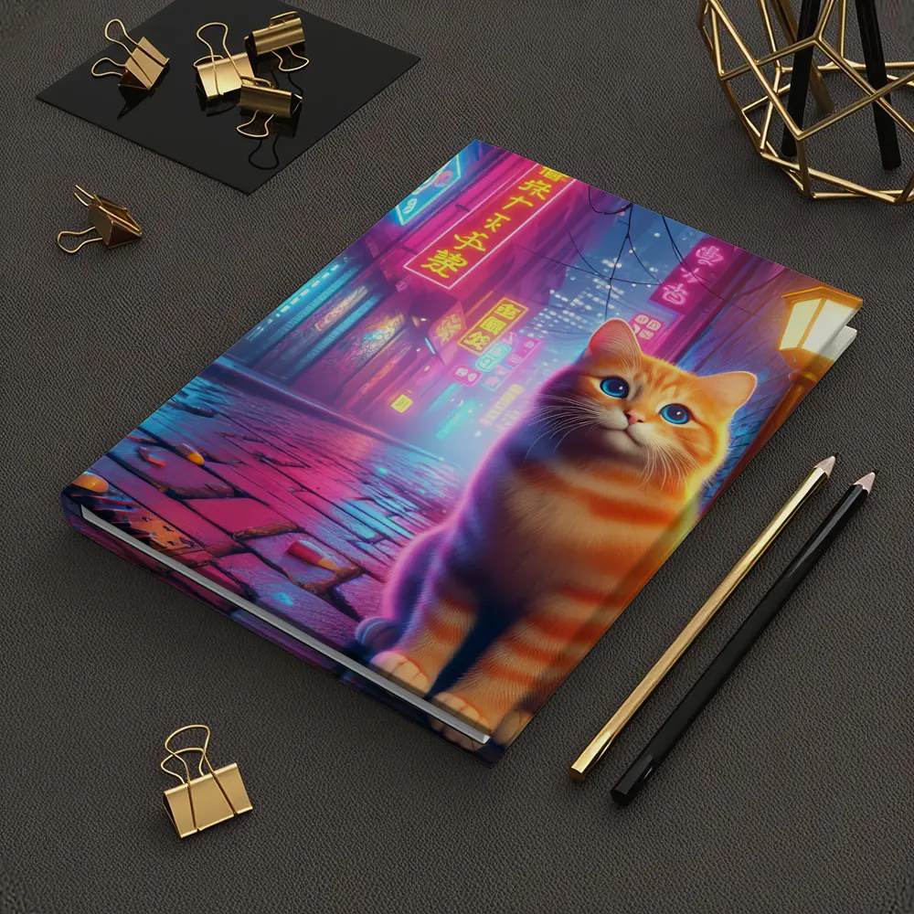 Orange Tabby Cat Neon City Night Street – Notebooks