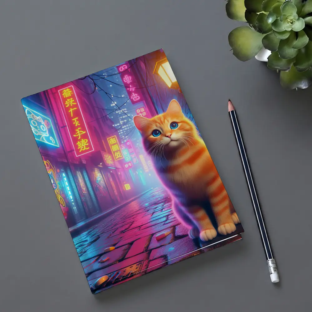 Orange Tabby Cat Neon City Night Street – Notebooks