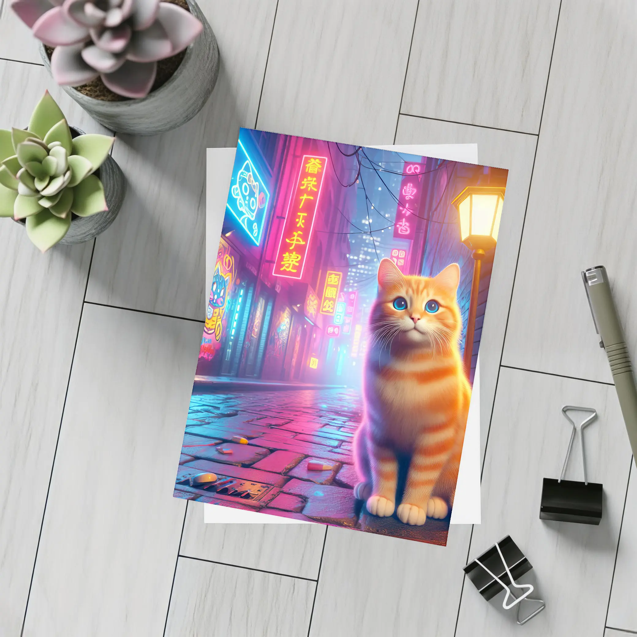 Orange Tabby Cat Neon City Night Street – Postcards
