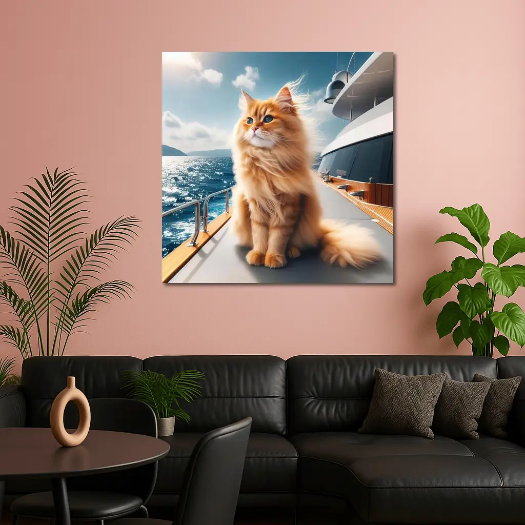 Fluffy Orange Cat Sitting On Luxury Yacht – Wall Art