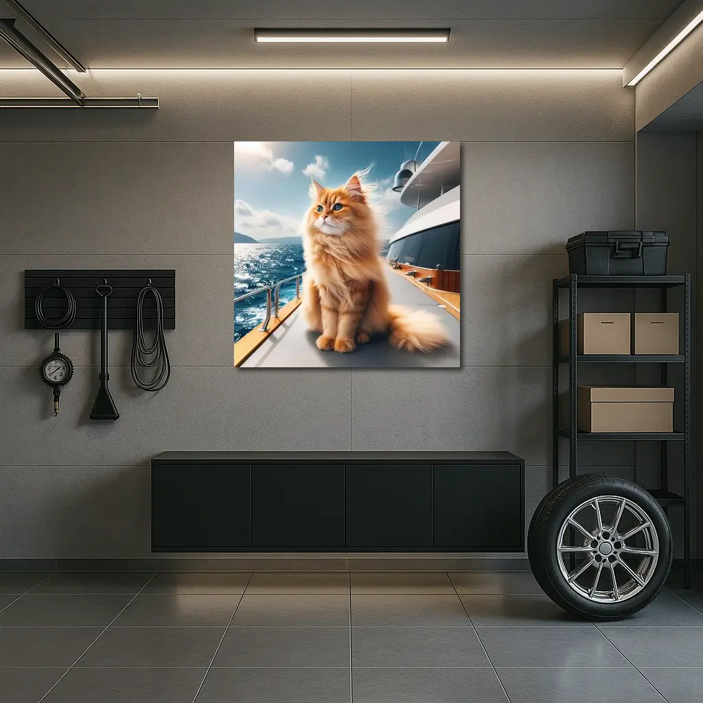 Fluffy Orange Cat Sitting On Luxury Yacht – Wall Art