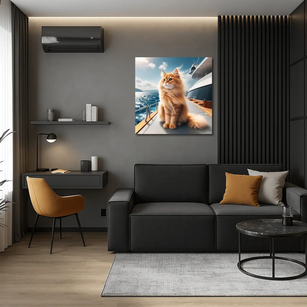 Fluffy Orange Cat Sitting On Luxury Yacht – Wall Art