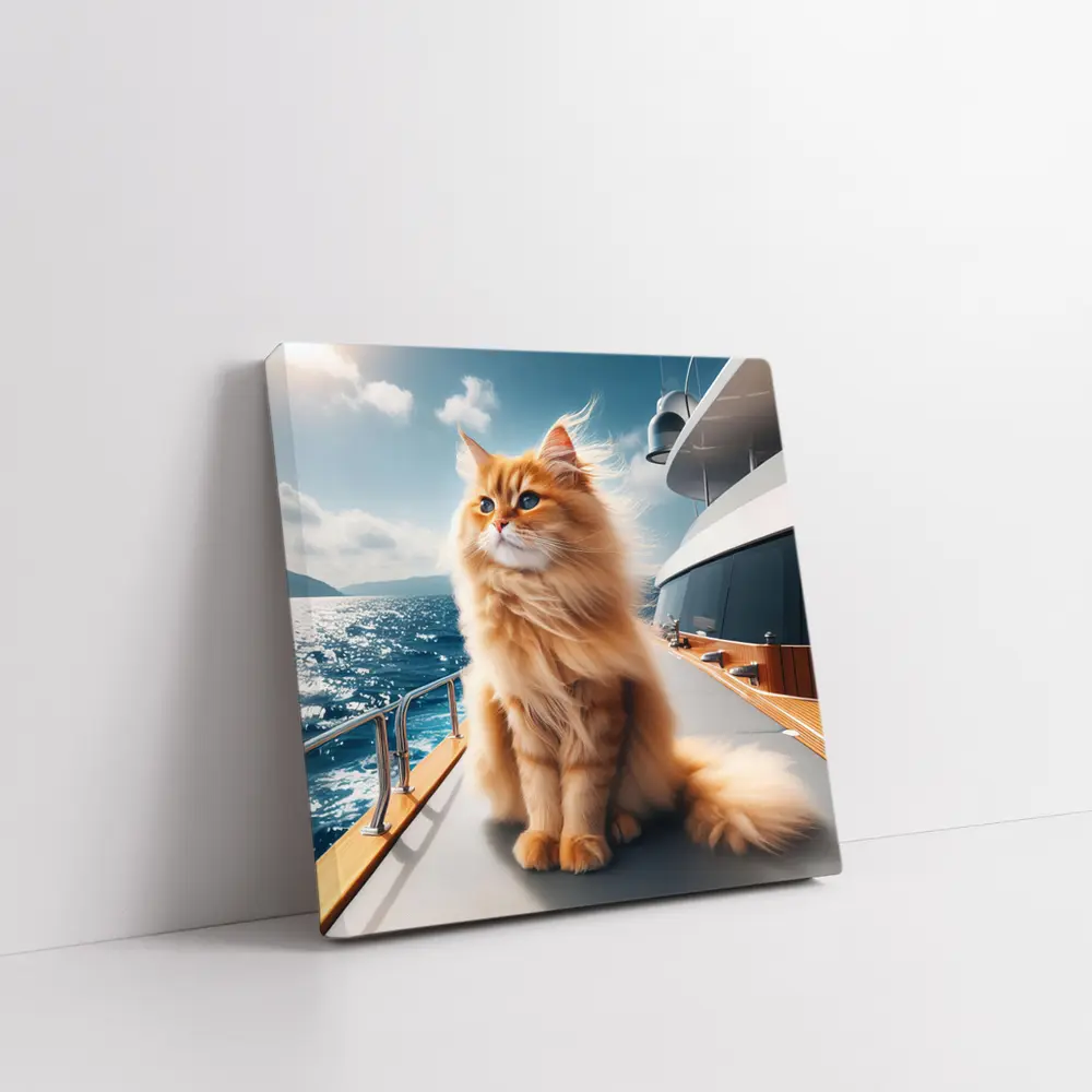 Fluffy Orange Cat Sitting On Luxury Yacht – Wall Art