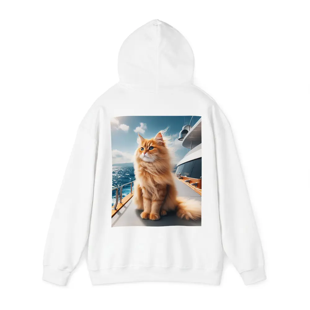Fluffy Orange Cat Sitting On Luxury Yacht – Hoodies