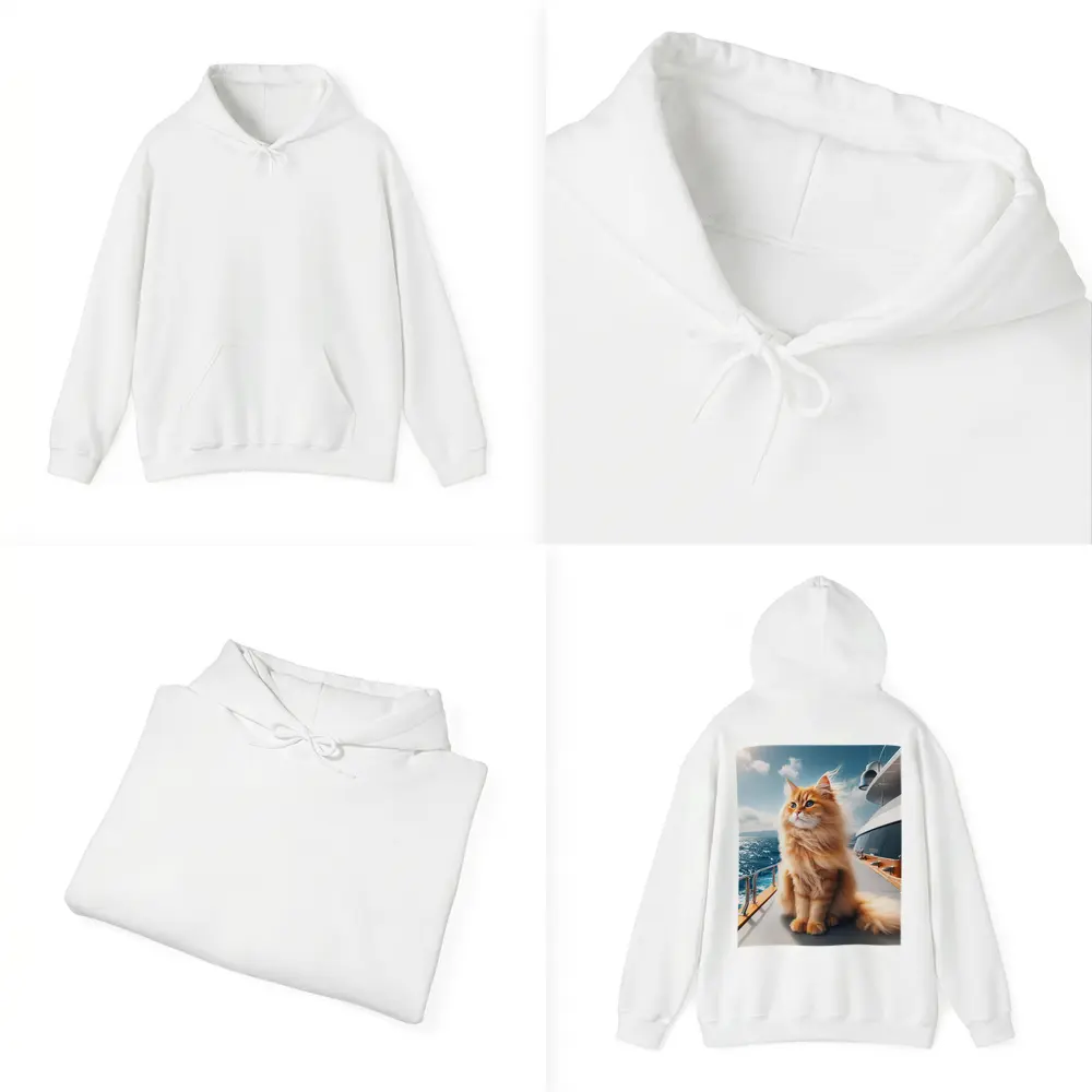 Fluffy Orange Cat Sitting On Luxury Yacht – Hoodies
