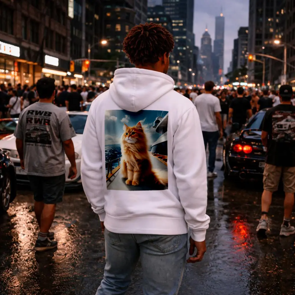 Fluffy Orange Cat Sitting On Luxury Yacht – Hoodies