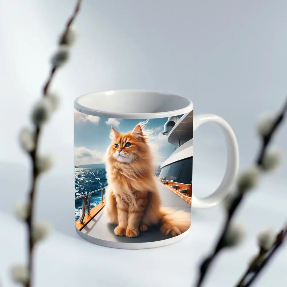Fluffy Orange Cat Sitting On Luxury Yacht – Mugs
