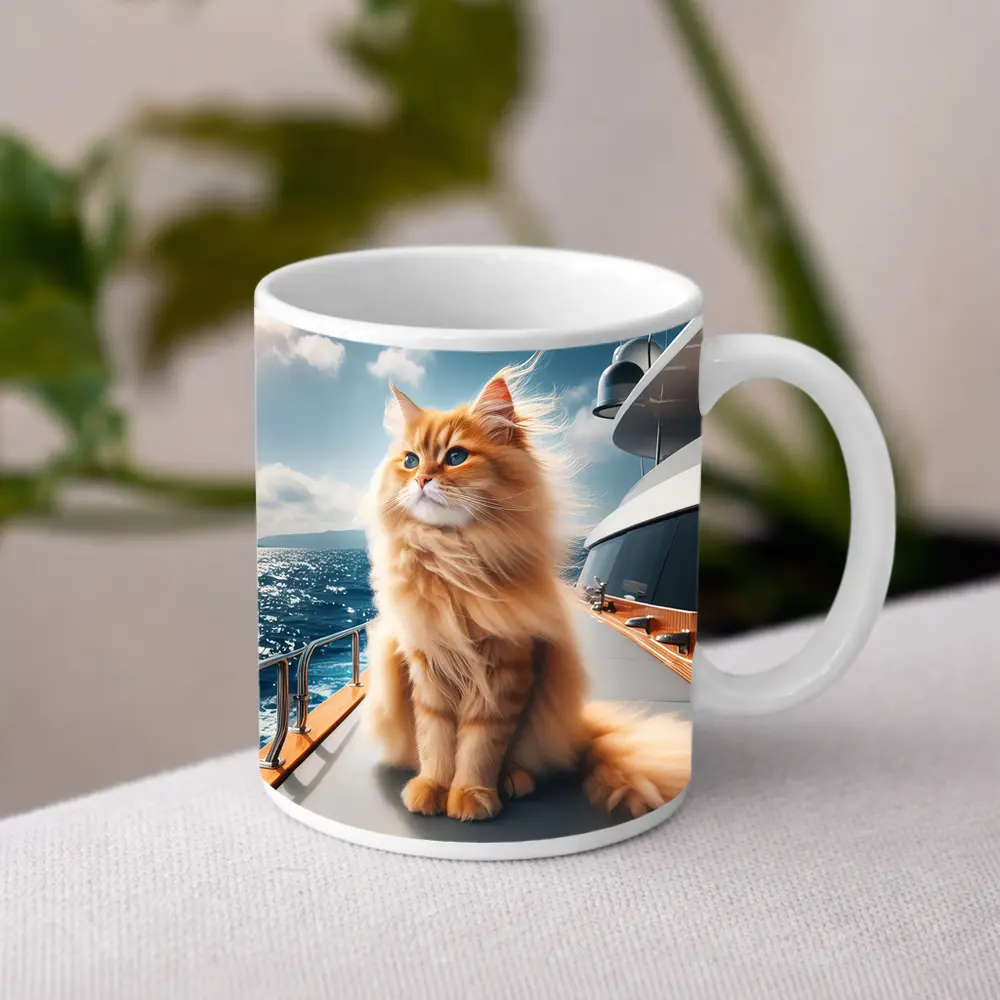 Fluffy Orange Cat Sitting On Luxury Yacht – Mugs