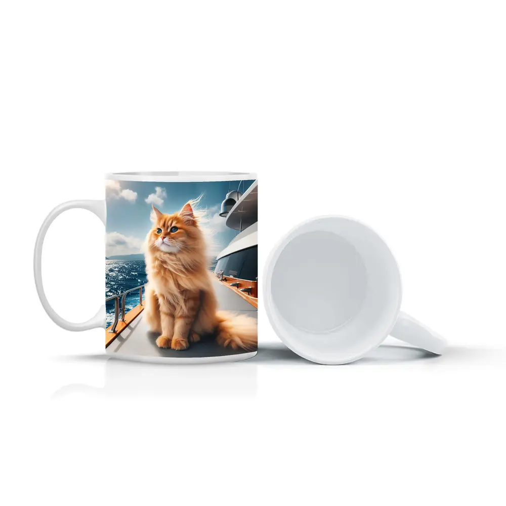 Fluffy Orange Cat Sitting On Luxury Yacht – Mugs