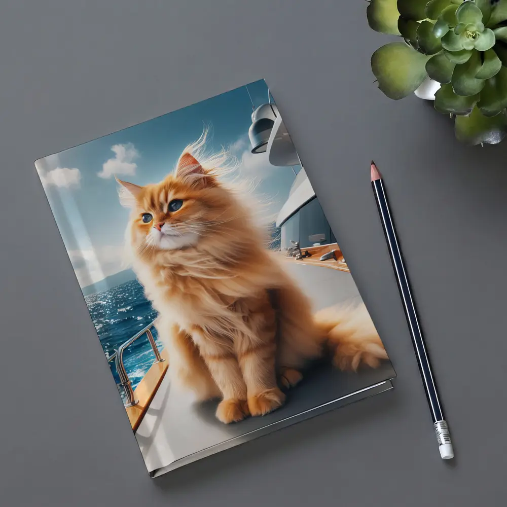 Fluffy Orange Cat Sitting On Luxury Yacht – Notebooks