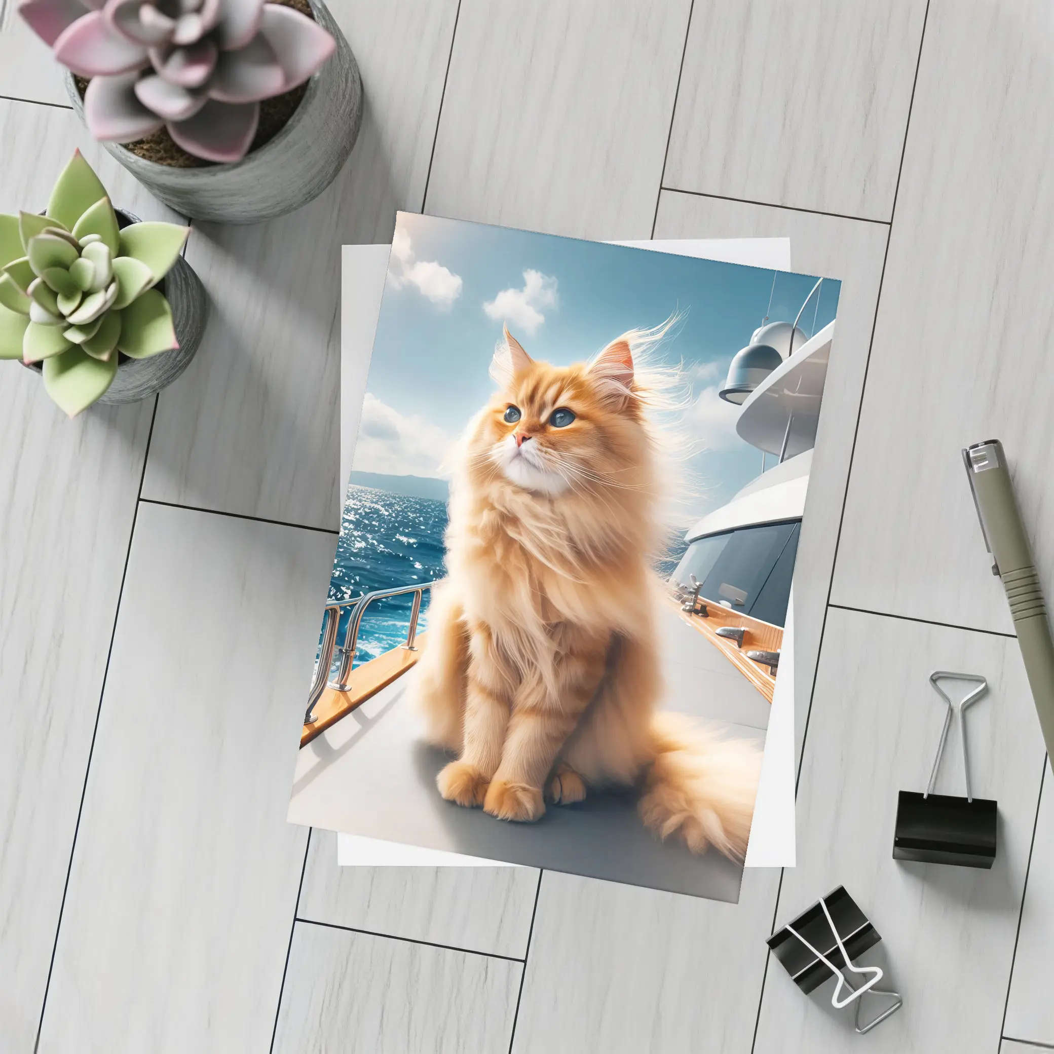 Fluffy Orange Cat Sitting On Luxury Yacht – Postcards