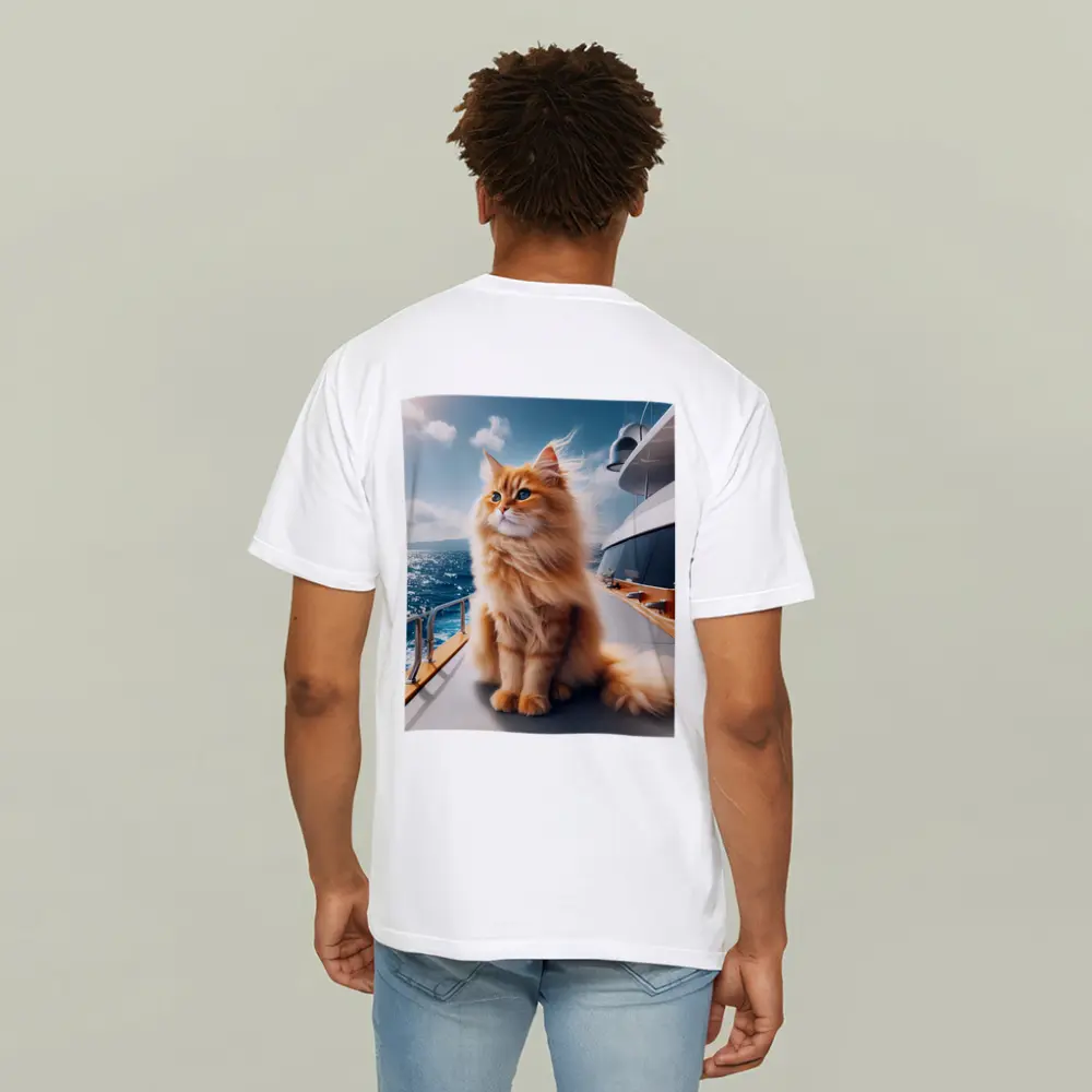 Fluffy Orange Cat Sitting On Luxury Yacht – T-Shirts
