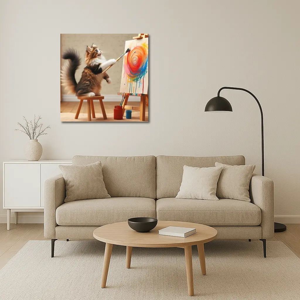 Fluffy Cat Painting Colorful Canvas Art – Wall Art