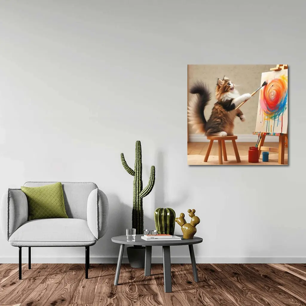 Fluffy Cat Painting Colorful Canvas Art – Wall Art
