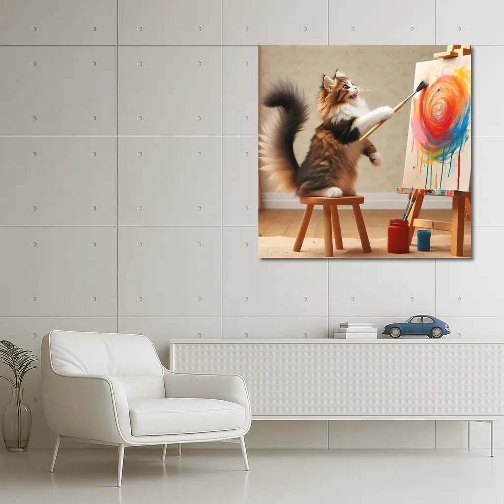Fluffy Cat Painting Colorful Canvas Art – Wall Art