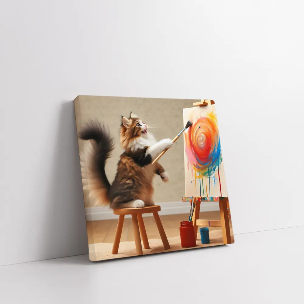 Fluffy Cat Painting Colorful Canvas Art – Wall Art