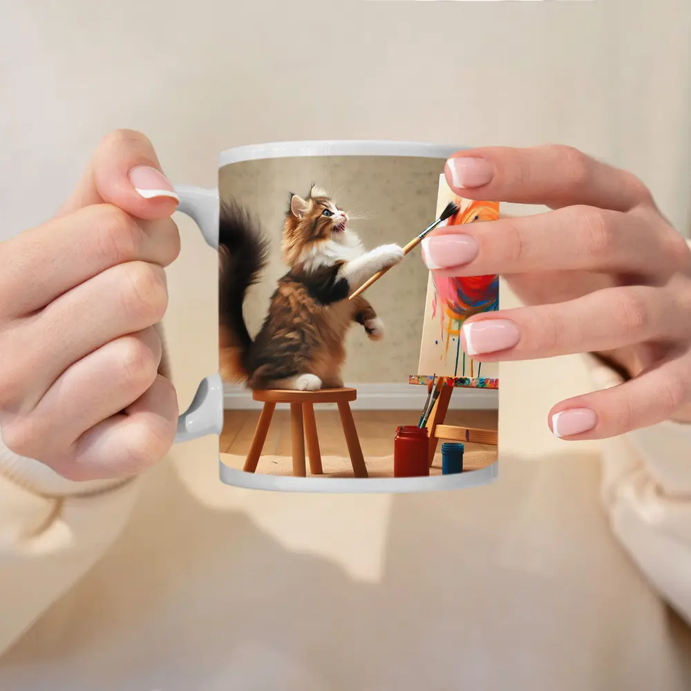 Fluffy Cat Painting Colorful Canvas Art – Mugs