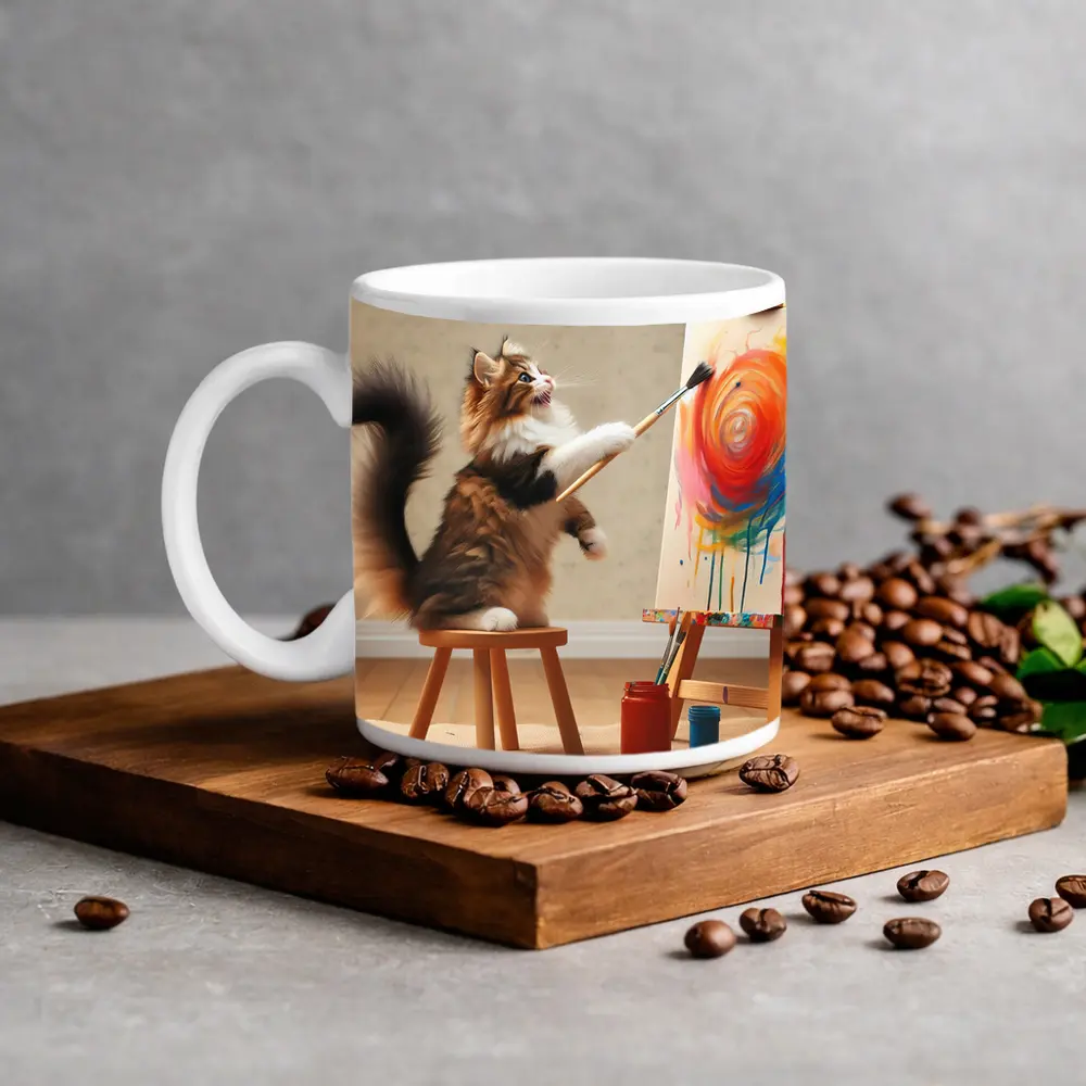 Fluffy Cat Painting Colorful Canvas Art – Mugs
