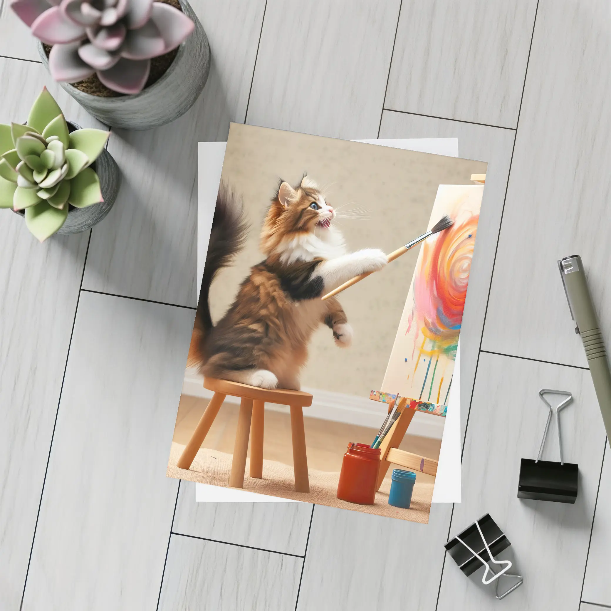 Fluffy Cat Painting Colorful Canvas Art – Postcards