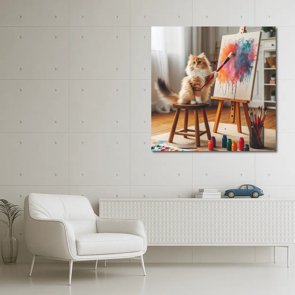 Fluffy Cat Painting on Easel Indoors – Wall Art